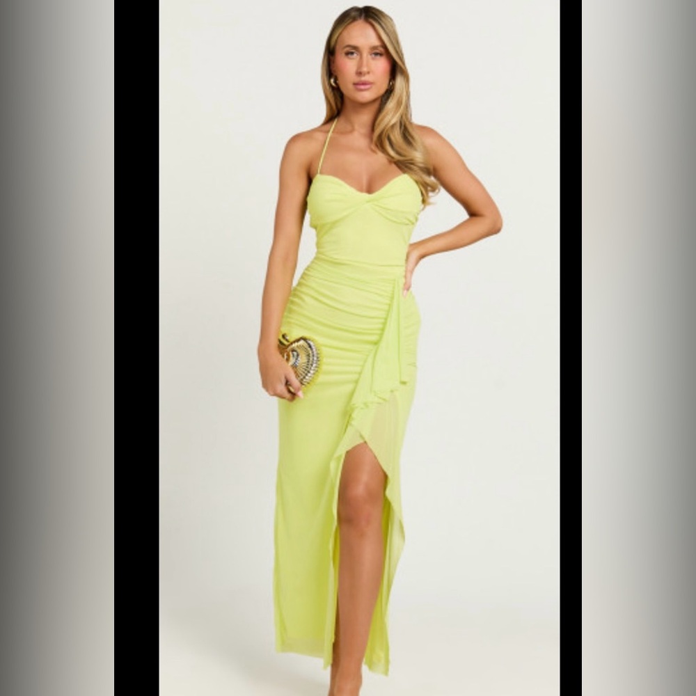 Showpo Lime Yellow Ruched Halter Maxi Dress